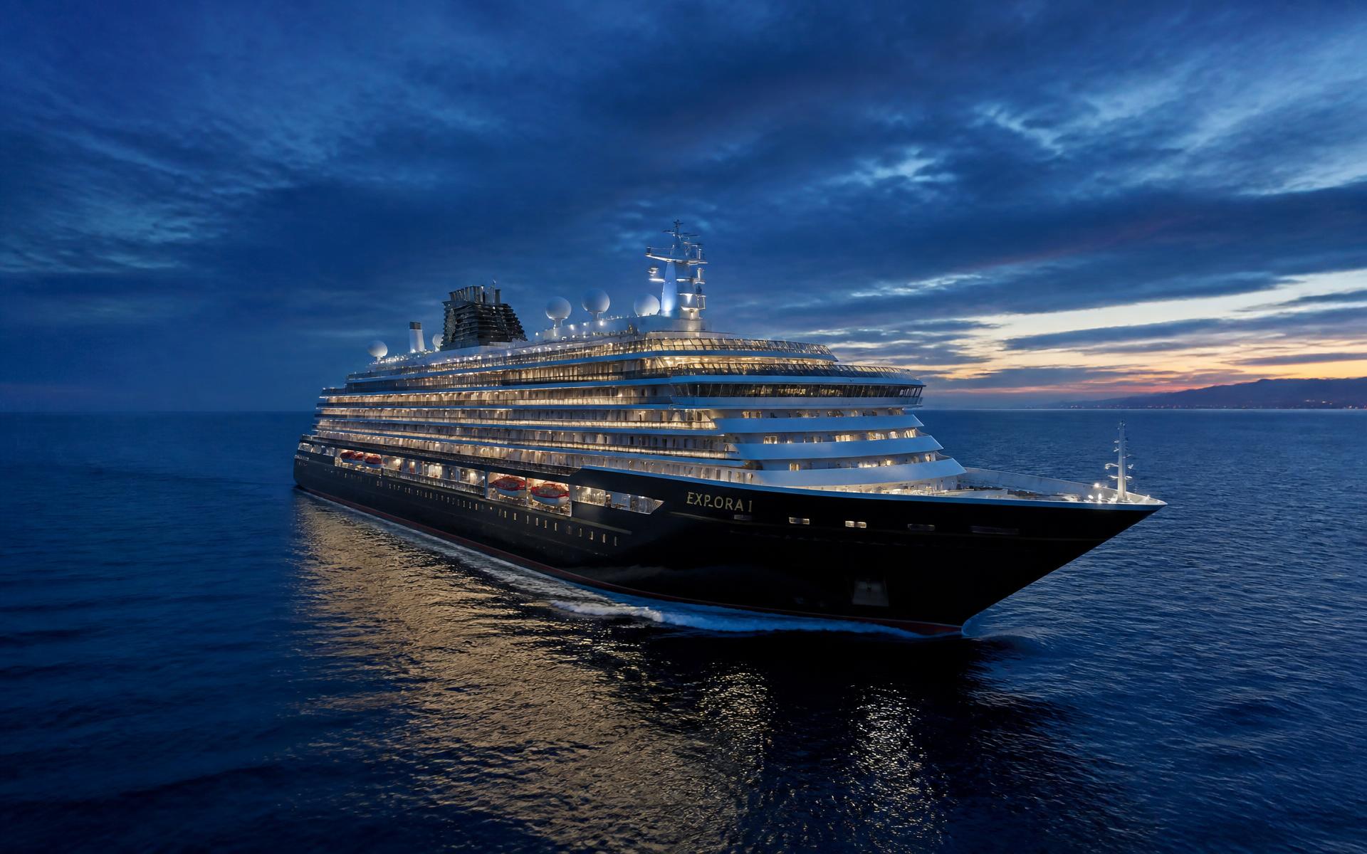 Cruise ship at sea during blue hour