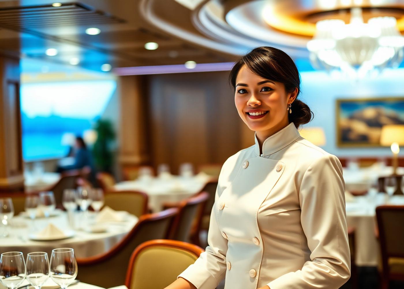 Cruise ship crew member in uniform in a ship dining room